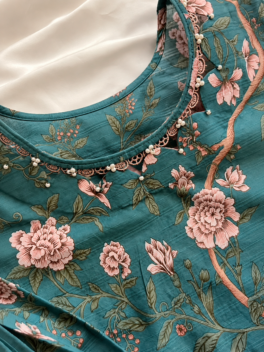 Blue and white floral suit with lace